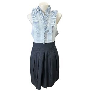BCBG Maxazria Navy White Ruffle‎ Pleated Sleeveless Mini Dress Tie Back sz 12